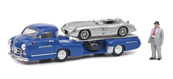 SCH03768 - MERCEDES autodrager blauw met MERCEDES 300 SLR grijs met beeldje - 1