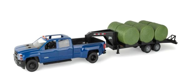 ERT47603 - CHEVROLET Blauwe pick-up met aanhanger en 6 ronde balen - 1