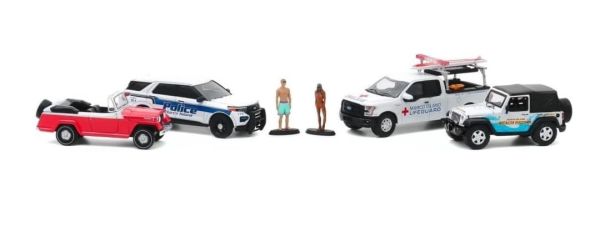 GREEN58053 - Set van 4 voertuigen - JEEP Wrangler 2012 FORD Police Interceptor Utillity 2020 FORD F-150 2016 en JEEP Jeepster cabrio 1967 - FLORIDA SUMMER BASH - 1