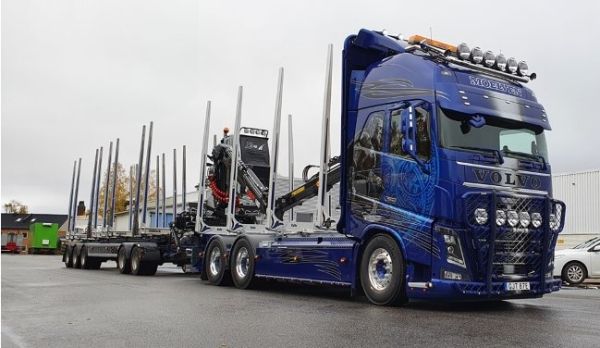 TEK82189 - VOLVO FH04 XL 6X4 vrachtwagen voor bosexploitatie met 3-assige bosbouwaanhanger en 2-assige dolly EDS TRAFRAKT MOELVEN - 1