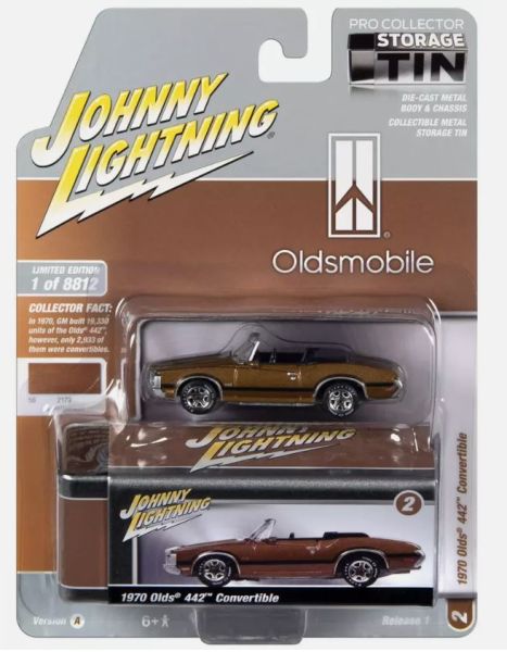 JLCT011-D - OLDSMOBILE 442 cabriolet 1970 bruin uit de serie COLLECTOR TINS in blisterverpakking - 1