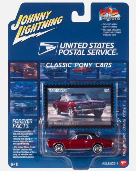 JLPC011-A - MERCURY Cougar XR-7 GT 1967 bordeauxrood - UNITED STATES POSTAL SERVICE - uit de POP CULTURE 2023 reeks in blisterverpakking - 1