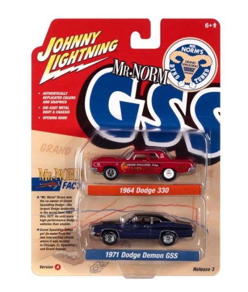 JLPK019A-1 - DODGE 330 1964 rood en DODGE Demon GSS 1971 blauw - Mr. NORM - uit de TWIN PACK 2022 serie A in blisterverpakking - 1