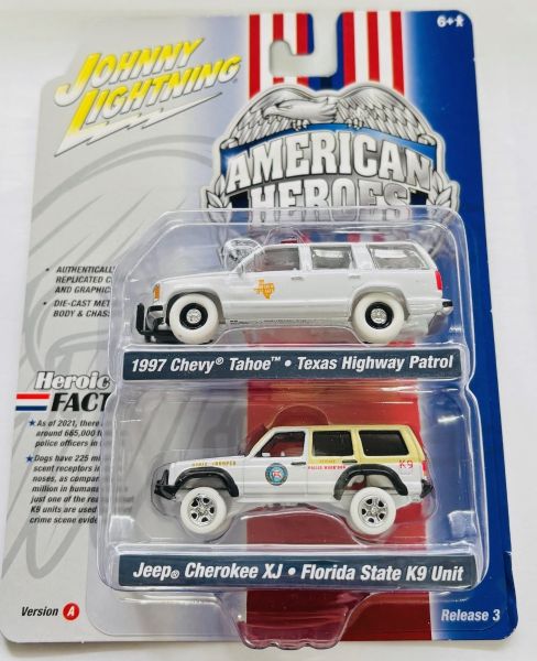 JLPK019A-3 - CHEVROLET Tahoe 1997 - Texas Highway Patrol en JEEP Cherokee XJ - Florida State K9 Unit - AMERICAN HEROES - uit de TWIN PACK 2022 serie A in blisterverpakking - 1