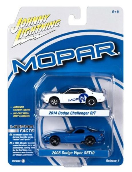 JLPK020A-1 - DODGE Challenger R/T 2014 wit en DODGE Viper SRT10 2008 blauw van de MOPAR serie in blisterverpakking - 1