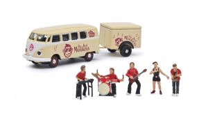 SCH26691 - VOLKSWAGEN T1 bus met 1-as aanhanger THE RED MONKEYS en 5 personages