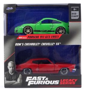 JAD35692 - Twin Pack - PORSCHE 911 GT3 RS groen met CHEVROLET Chevelle rood - SNEL en WILDIG