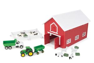 BRI47333 - Schuur met dierenaccessoires en tractoraanhanger JOHN DEERE - 24 stuks