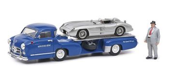 SCH03768 - MERCEDES autodrager blauw met MERCEDES 300 SLR grijs met beeldje