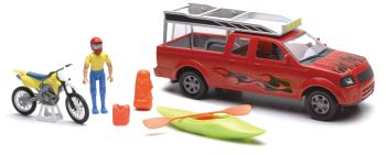 NEW37385B - Doos met een rode Pick-up; een personage; een kajak en accessoires Schaal: 1/18