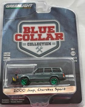 GREEN35260-E_VERT - JEEP Cherokee sport 2000 met sneeuwploeg en groene velgen uit de BLUE COLLAR serie in blisterverpakking