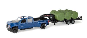 ERT47603 - CHEVROLET Blauwe pick-up met aanhanger en 6 ronde balen