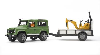 BRU2593 - LAND ROVER DEFENDER met aanhanger en minigraafmachine JCB Schaal: 1/16