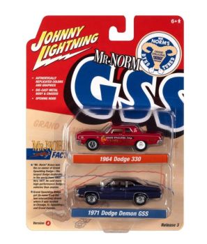 JLPK019A-1 - DODGE 330 1964 rood en DODGE Demon GSS 1971 blauw - Mr. NORM - uit de TWIN PACK 2022 serie A in blisterverpakking